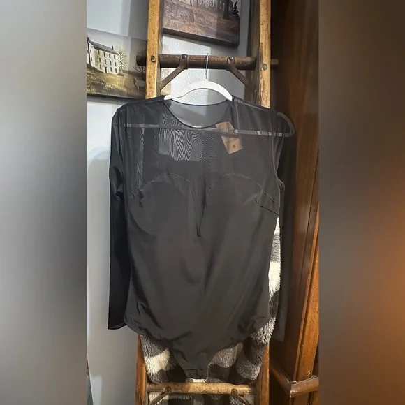 Popilush Shapewear Illusion Mesh Long Sleeve Tummy Control Bodysuit - Black (XL) - Picture 3 of 7